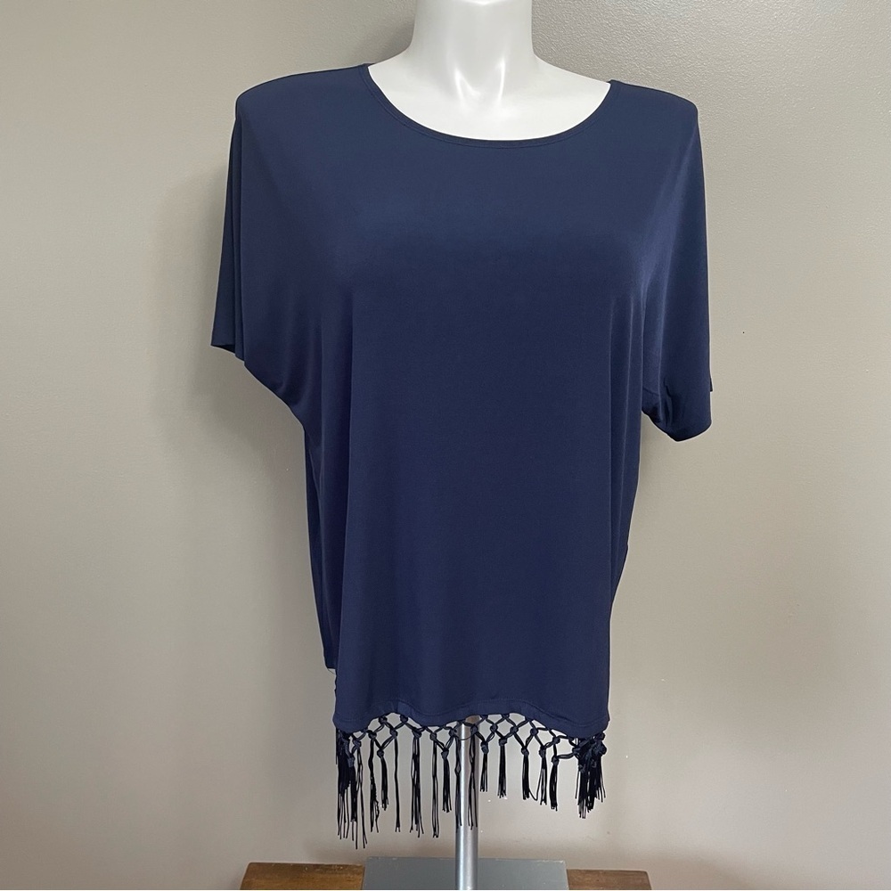 EASYWEAR BY CHICOS Top Short Sleeve Tunic Fringe Navy Blue Chicos Size 2
